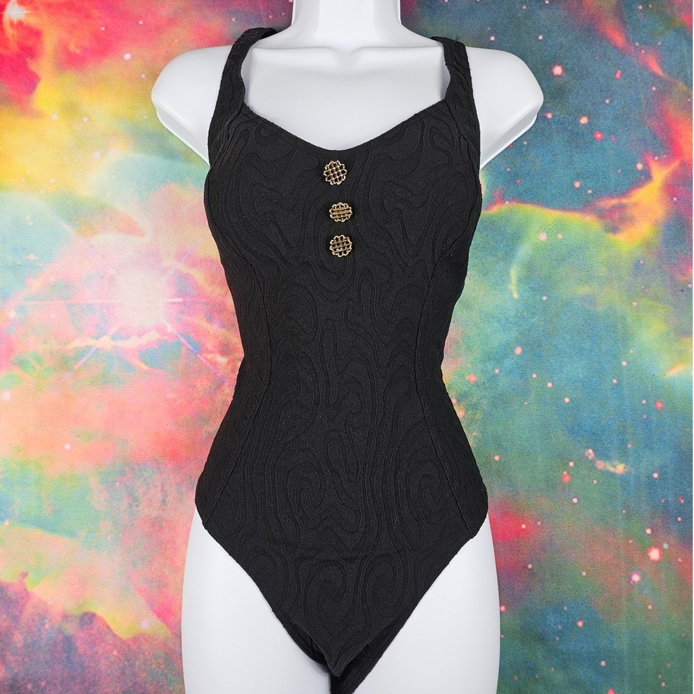Body I D Maillot‎ Vintage Black Textured One Piece Swimsuit Bodysuit - Picture 1 of 11